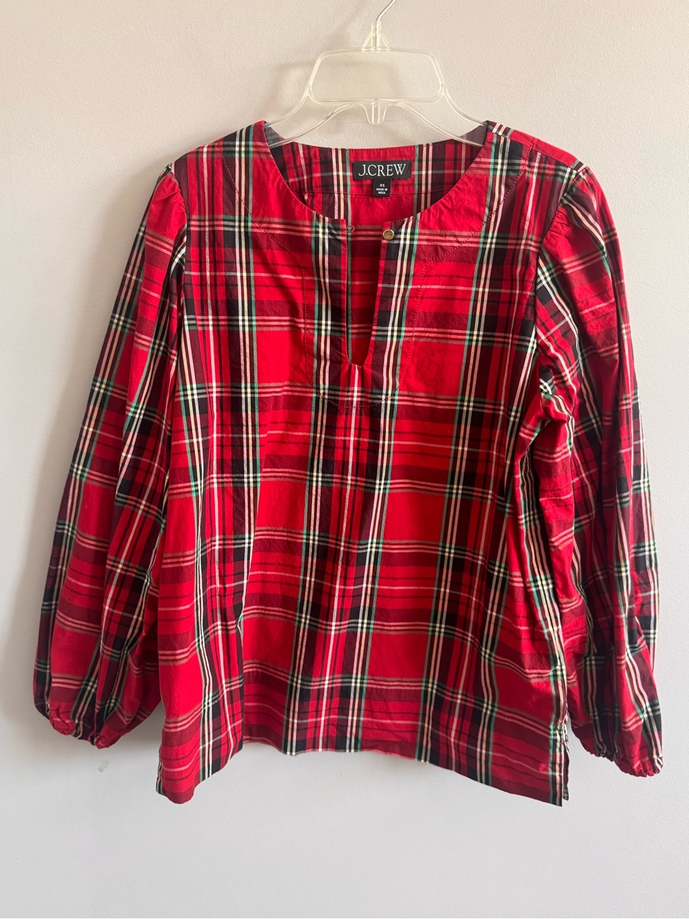 J.Crew Women's XS Red Tartan Plaid Cotton Blouse Holiday Christmas Top